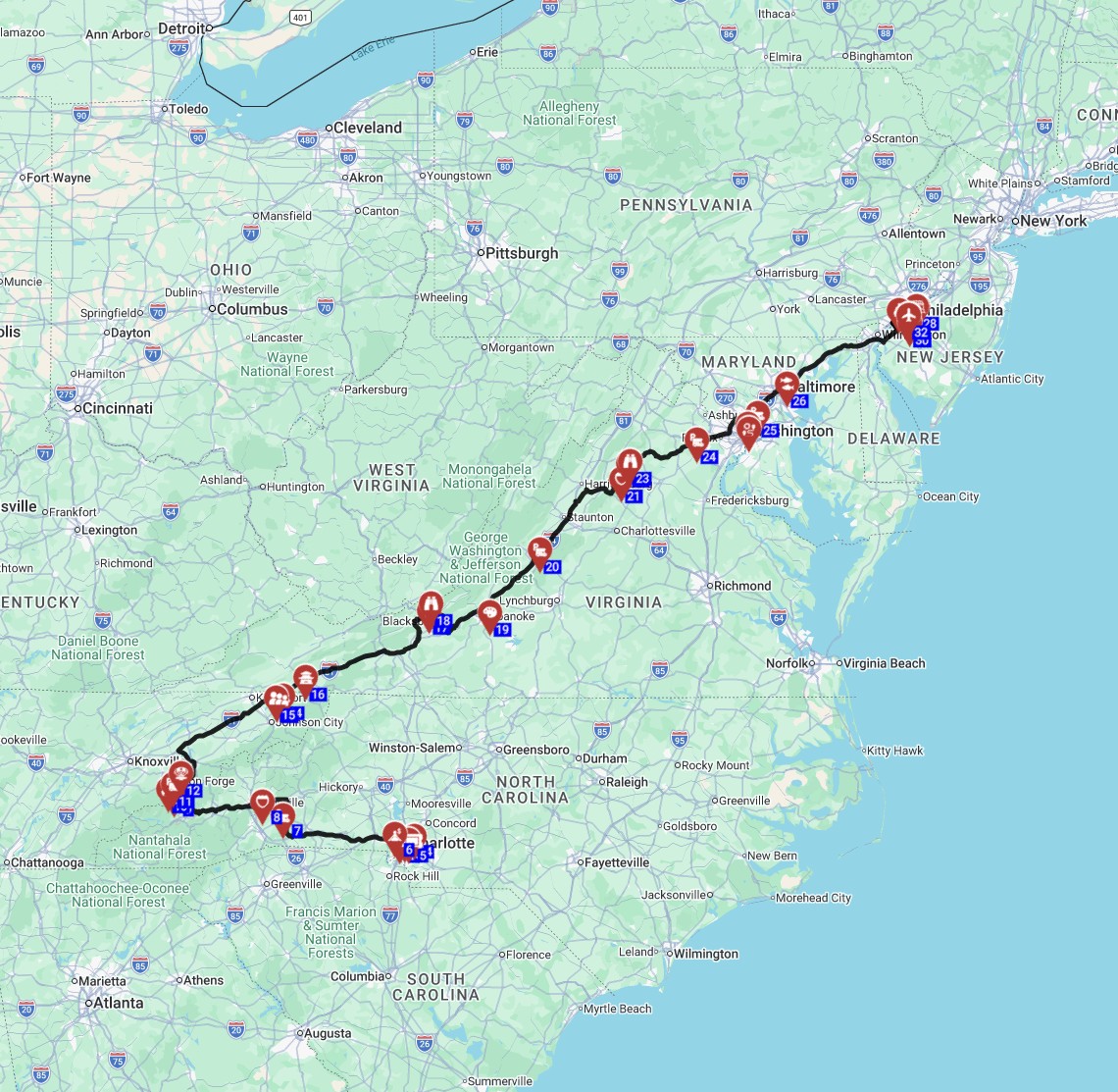 Charlotte to philadelphia scenic rv route